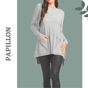 Papillon Grey Tunic Knit Top High Low Front Patch Pockets Size Small / Medium
